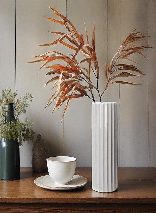 GeLive Glazed White Ceramic Vase Ribbed Straight Cylinder Minimalist Waterproof Flower Vase, Home Decor Centerpiece for Fresh Bud Artificial Dried Flowers 9 Inch Height - Image 4